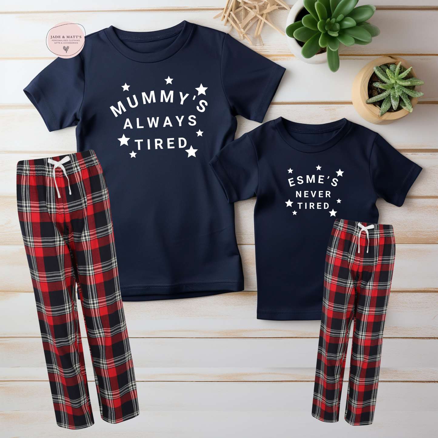 Always / Never Tired Matching T-shirts & Pyjama set | Red & navy bottoms