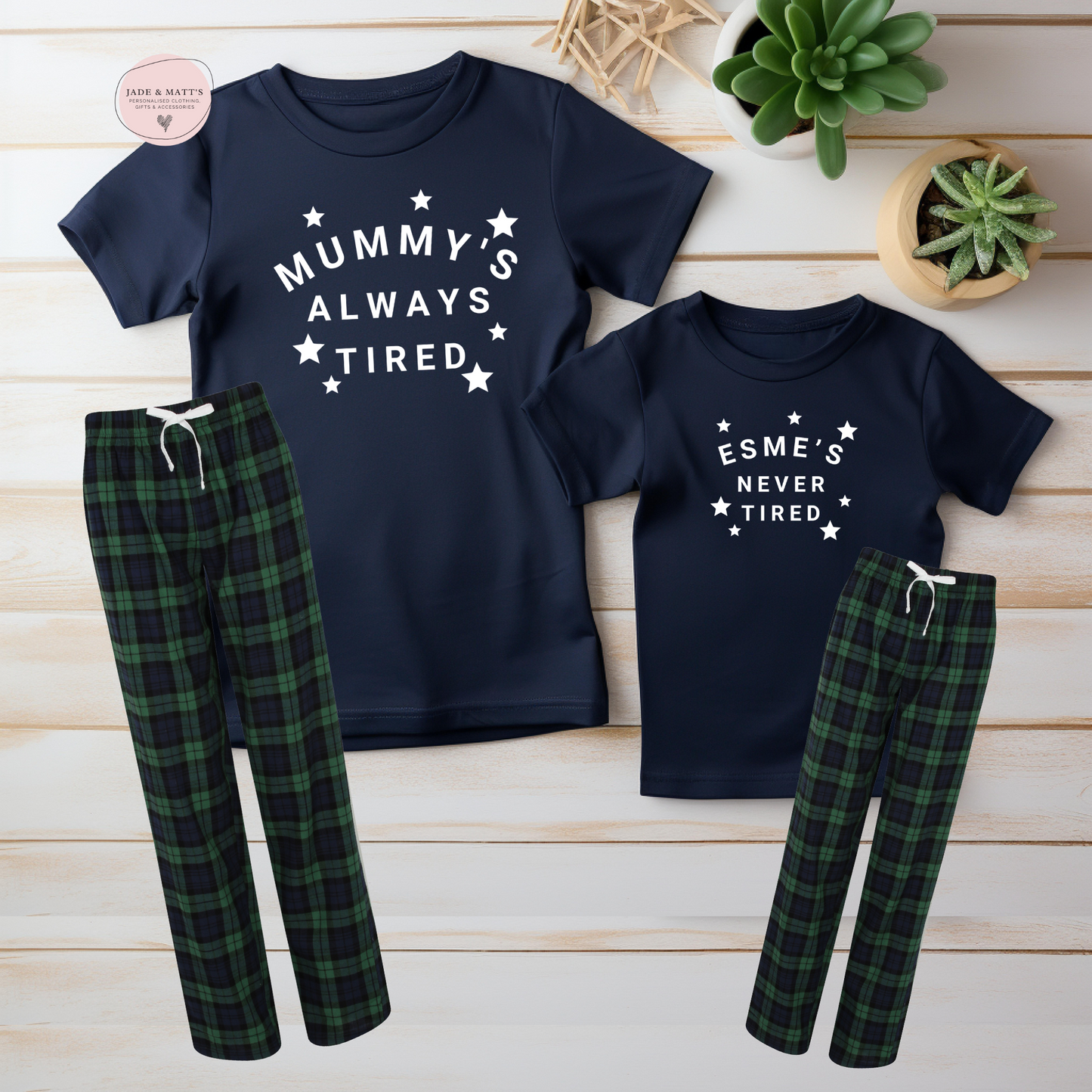 Always / Never Tired Matching T-shirts & Pyjama set | Green & navy bottoms