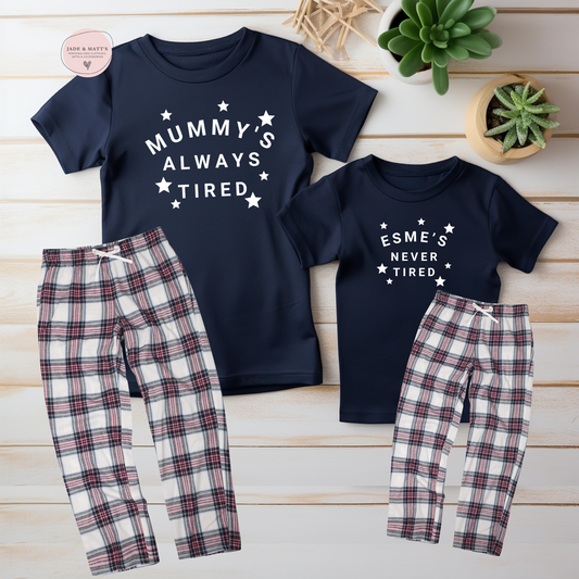 Always / Never Tired Matching T-shirts & Pyjama set | White with Pink Bottoms