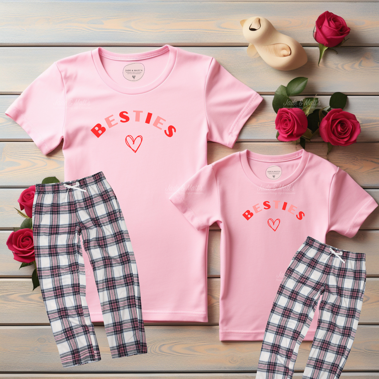 BESTIES Two Tone Matching T-shirts & Pyjama set | Pink with Pink Bottoms