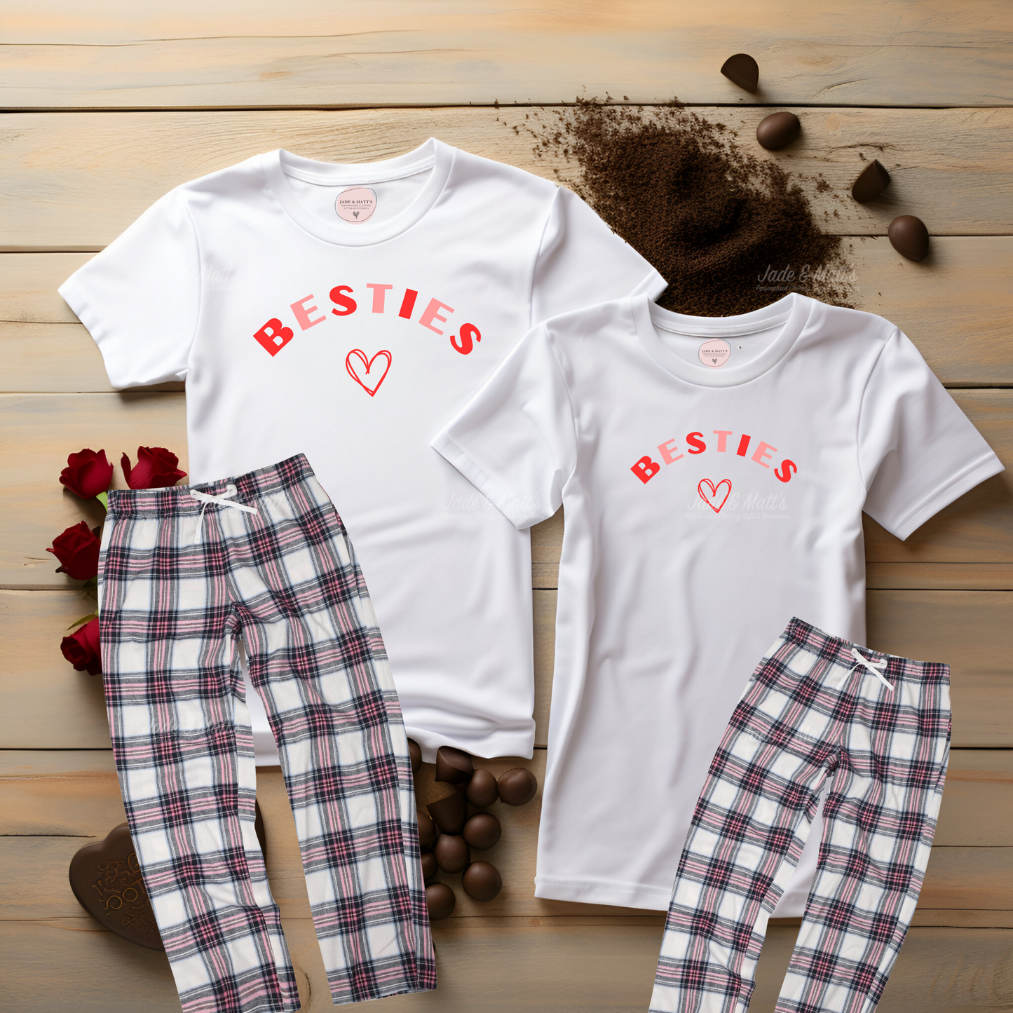 BESTIES Two Tone Matching T-shirts & Pyjama set | White with Pink Bottoms