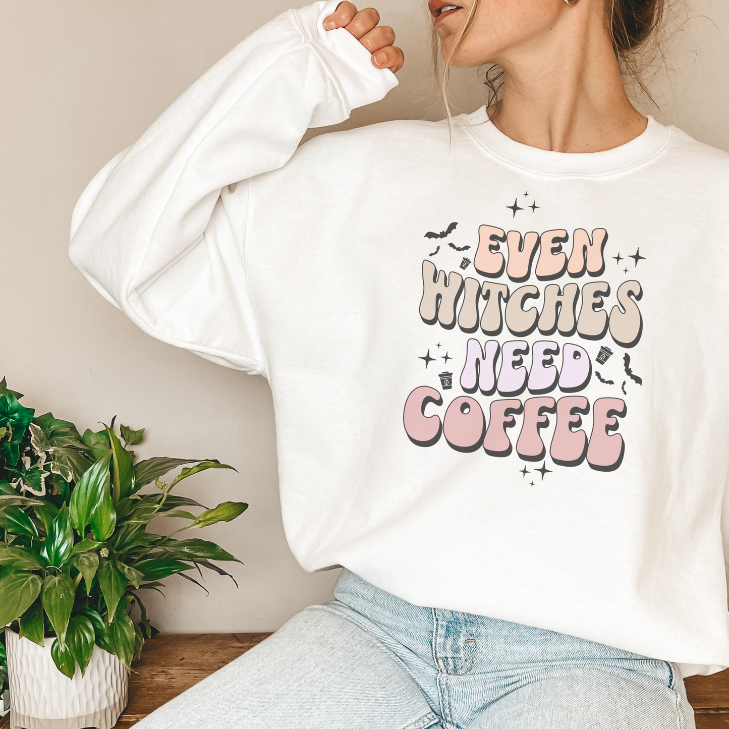 halloween sweatshirt in white with design 'even witches need coffee'