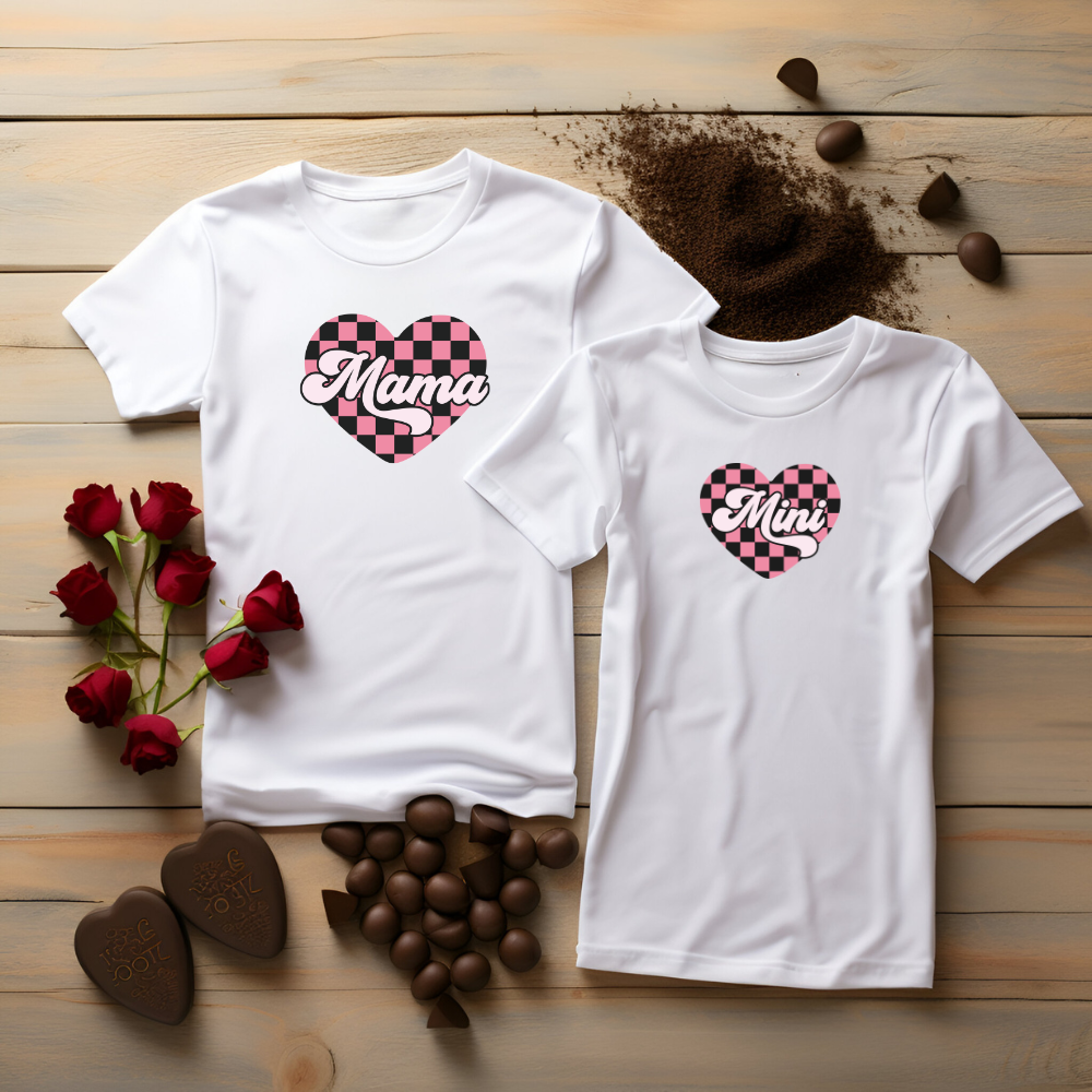 Mama & mini chequered heart Matching T-shirts | White