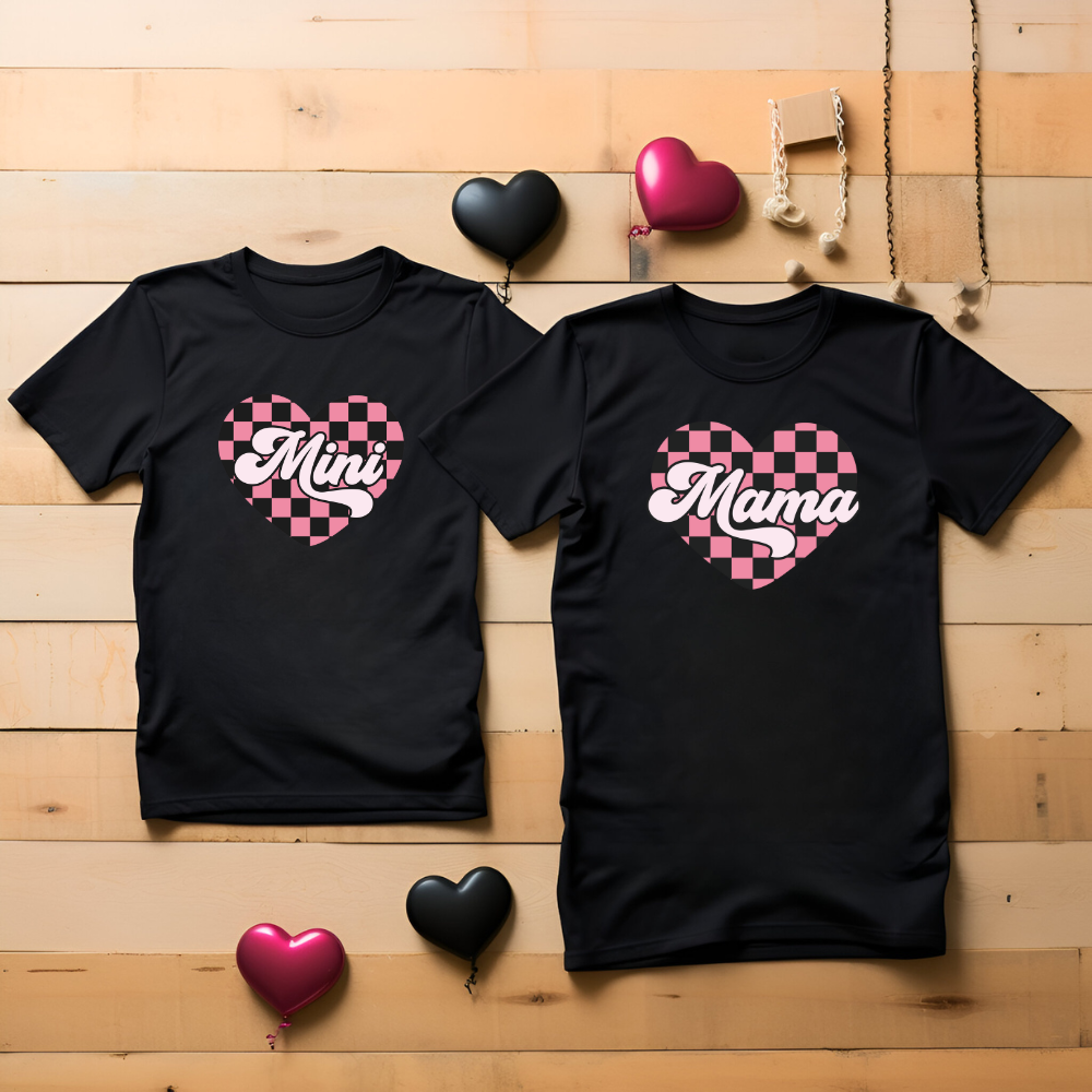 Mama & mini chequered heart Matching T-shirts | Black