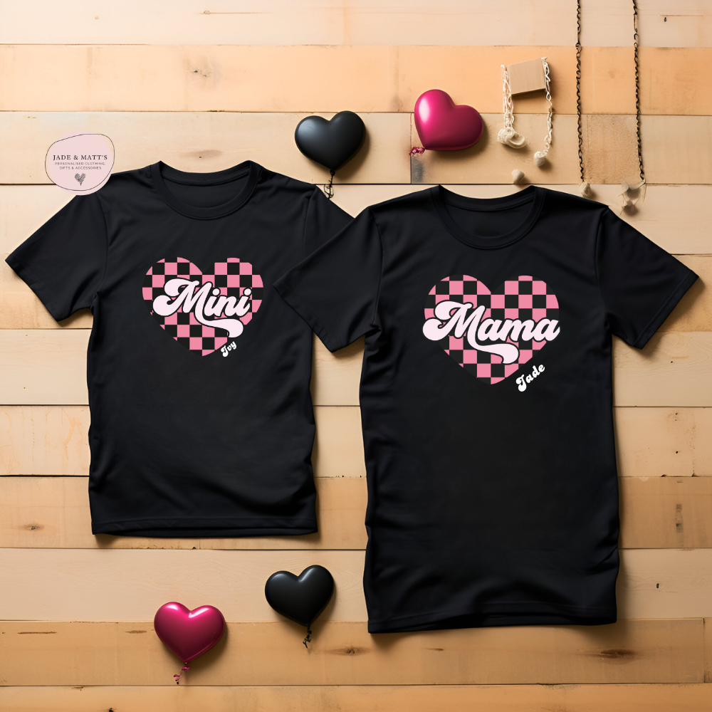 Mama & mini chequered heart Matching T-shirts | Black PERSONALISED