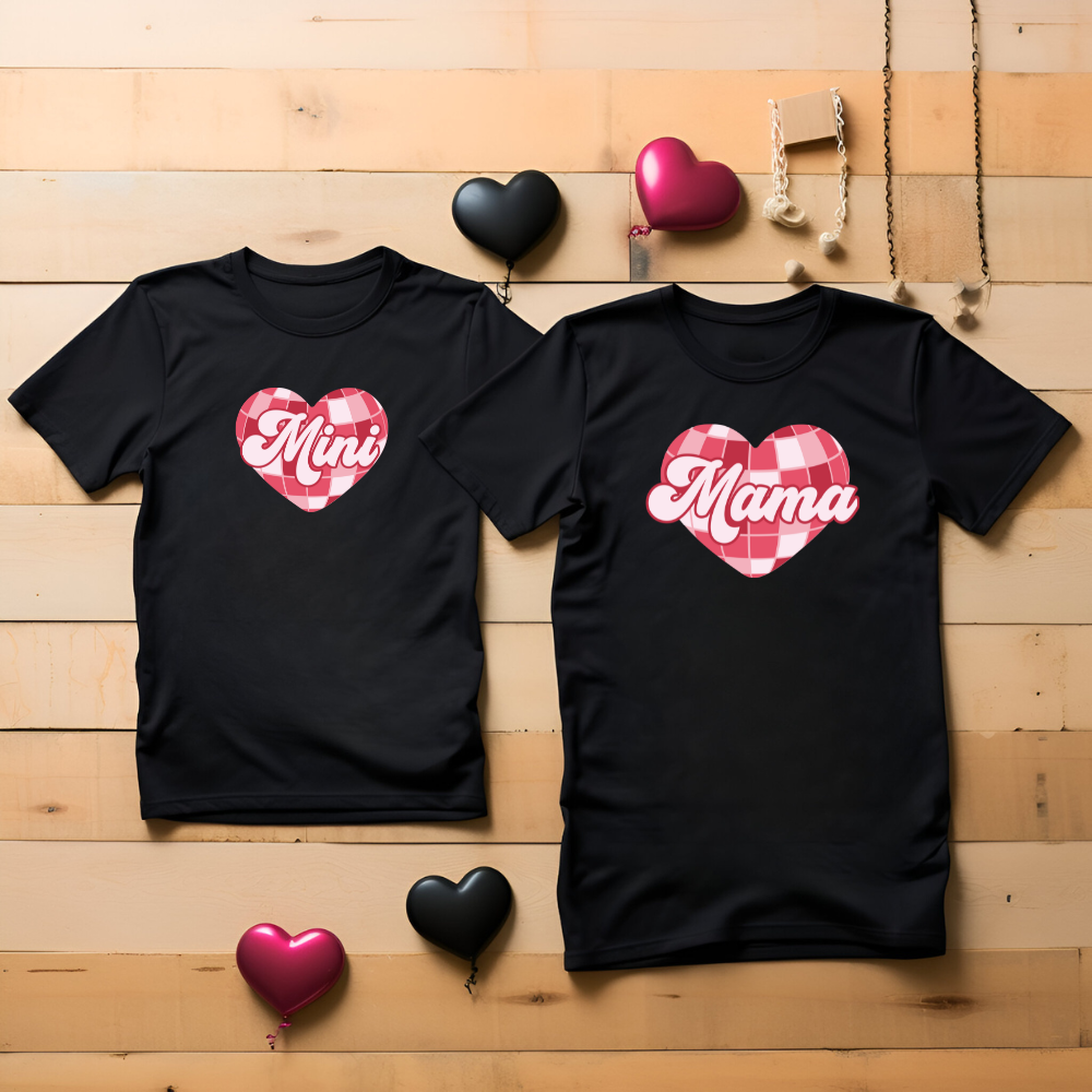 Mama & mini red chequered heart Matching T-shirts | Black