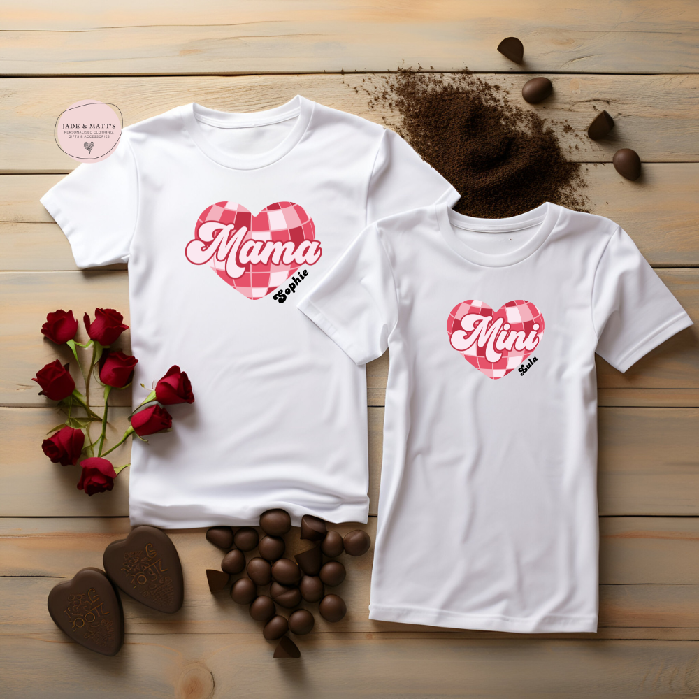 Mama & mini red chequered heart Matching T-shirts | White PERSONALISED