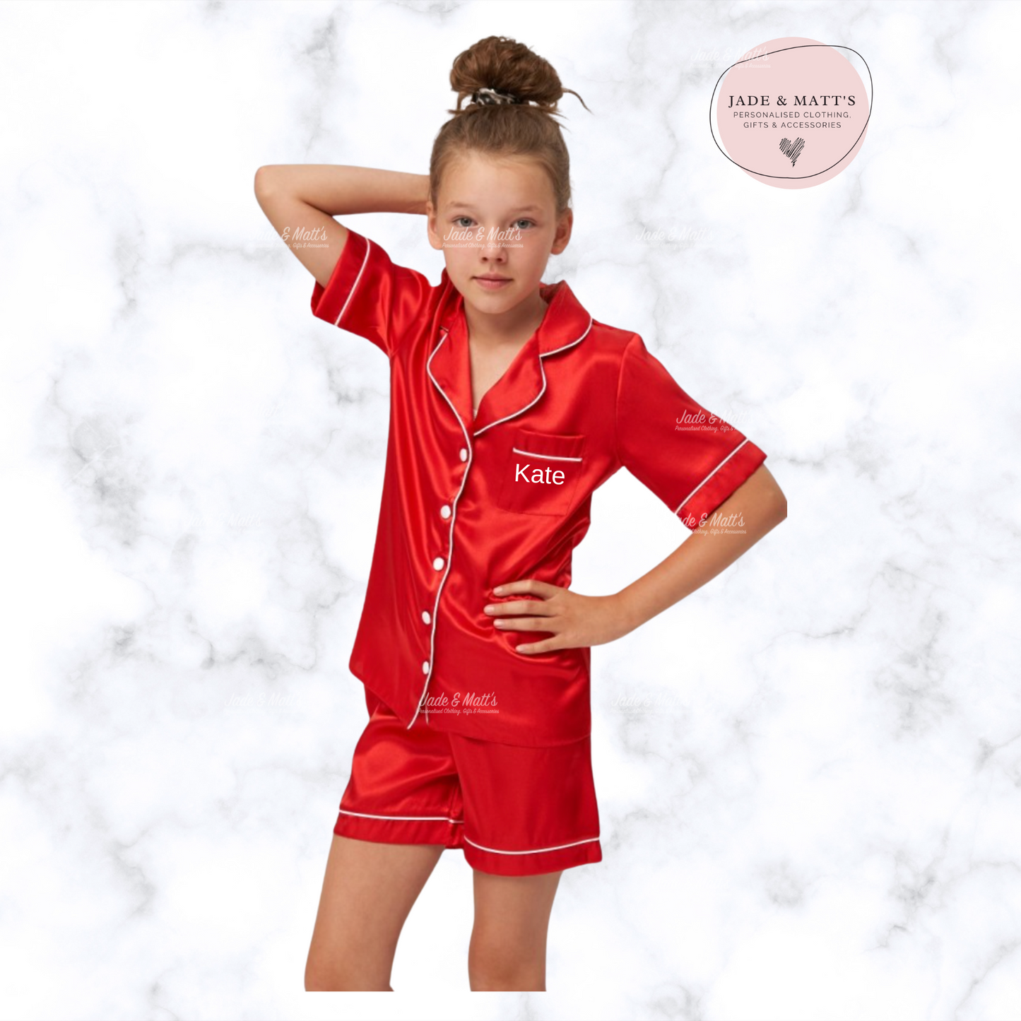 Children's Red Satin Pyjamas | Personalised Pjs | FRONT only text