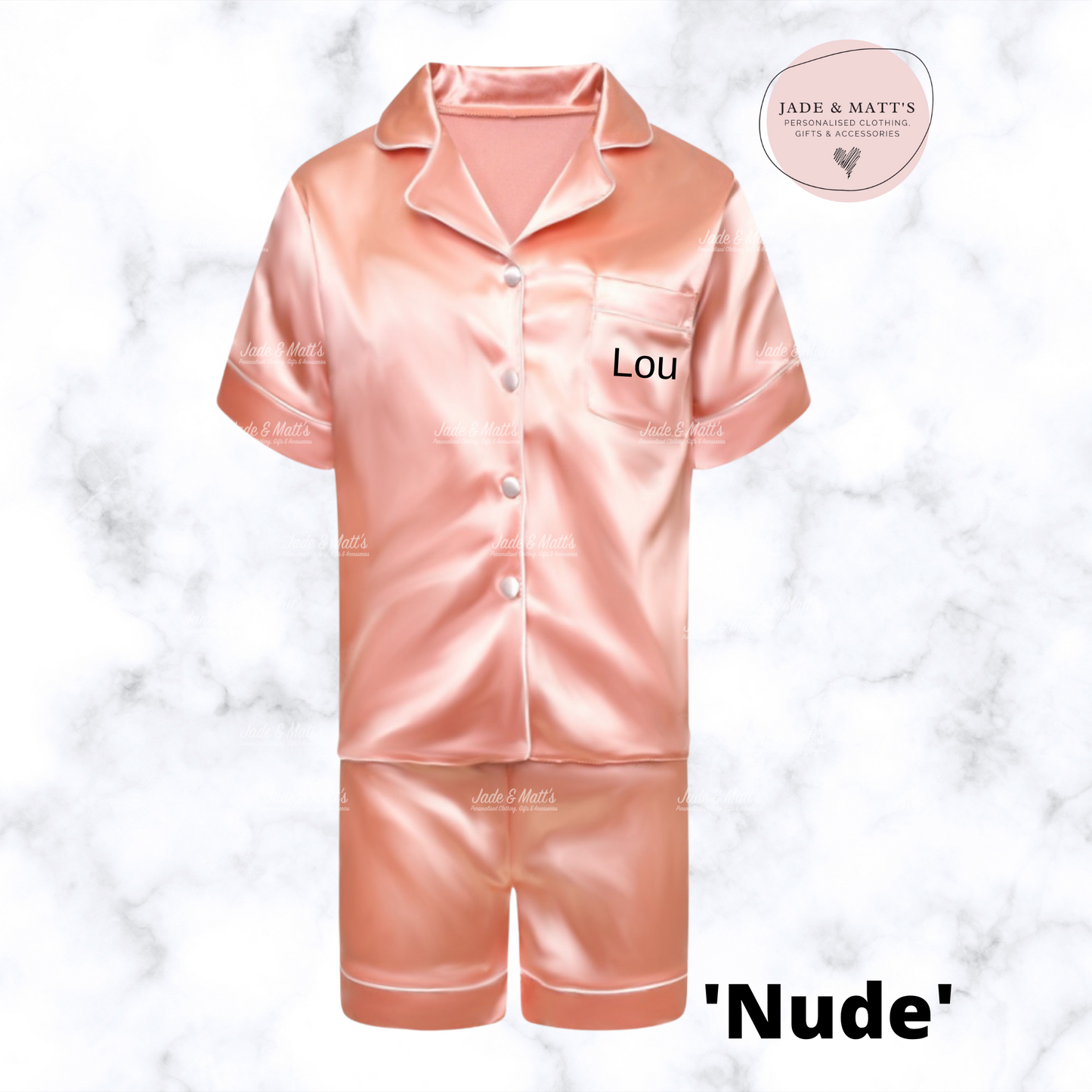 Adult's Nude Satin Pyjamas | Personalised Pjs | Front personalisation