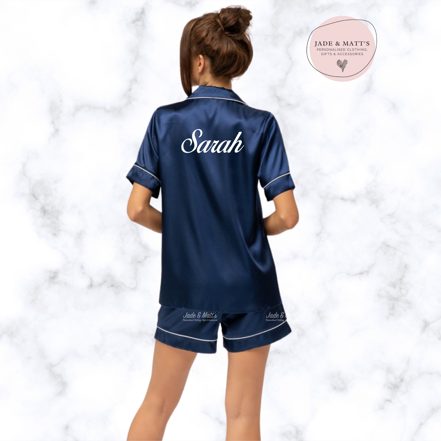 Adult's Navy Satin Pyjamas | Personalised Pjs | Front & Back personalisation