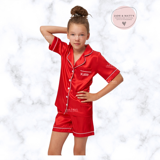 Children's Red Satin Pyjamas | Personalised Pjs | Front & Back Personalisation