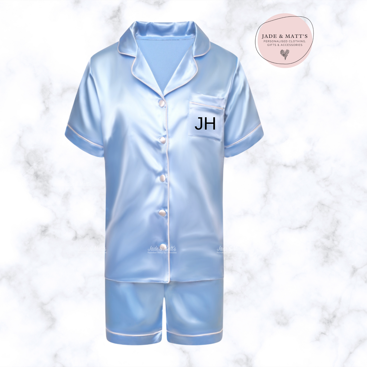 Adult's Light Blue Satin Pyjamas | Personalised Pjs | Front & Back personalisation