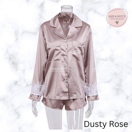 Dusty Rose Feather Satin | Personalised Pyjamas | Front Personalisation