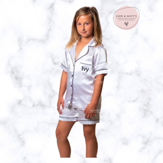 Children's White Satin Pyjamas | Personalised Pjs | FRONT only text