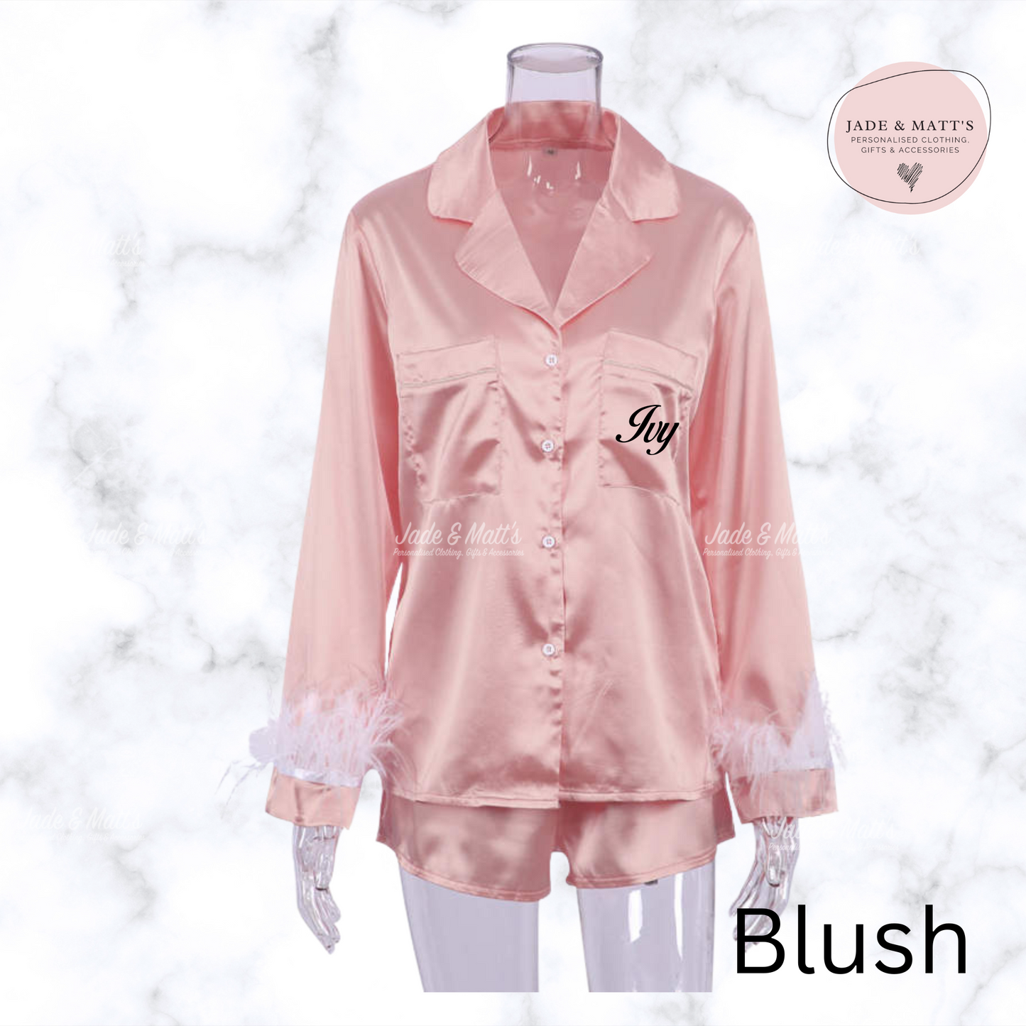 Blush Feather Satin | Personalised Pyjamas | Front Personalisation