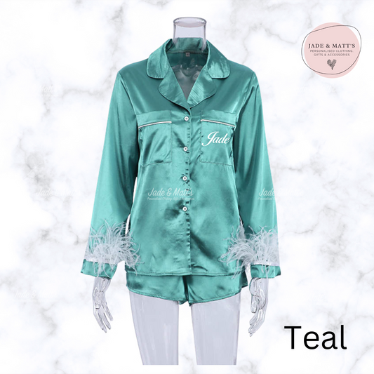 Teal Feather Satin | Personalised Pyjamas | Front Personalisation