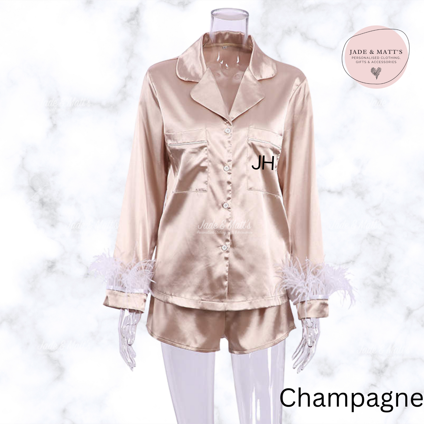 Champagne Feather Satin | Personalised Pyjamas | Front Personalisation