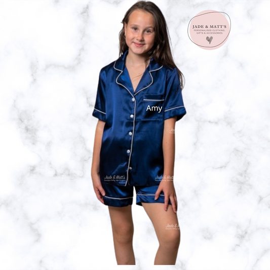 Children's Navy Satin Pyjamas | Personalised Pjs | FRONT only text