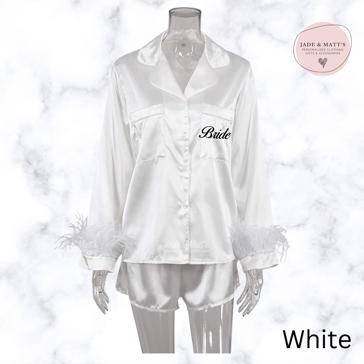 White Feather Satin | Personalised Pyjamas | Front Personalisation