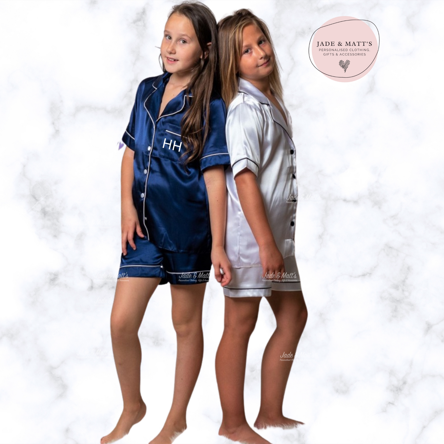 Children's Navy Satin Pyjamas | Personalised Pjs | FRONT only text