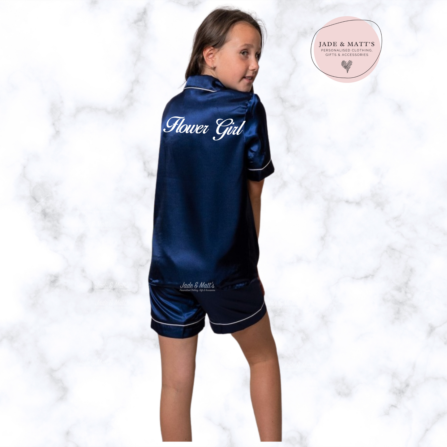 Children's Navy Satin Pyjamas | Personalised Pjs | FRONT only text