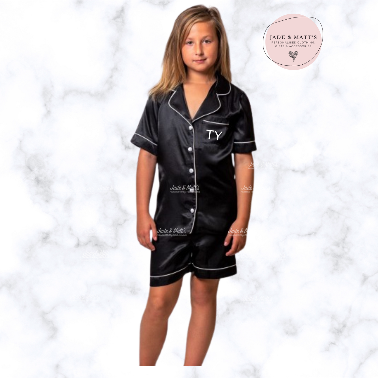 Children's Black Satin Pyjamas | Personalised Pjs | FRONT only text