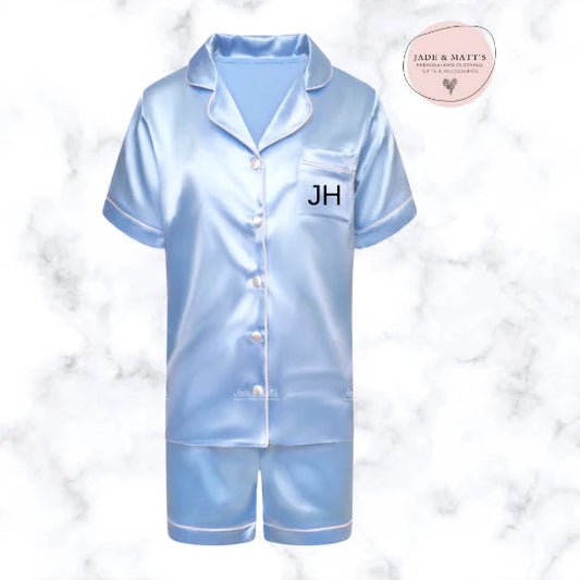 Children's Light Blue Satin Pyjamas | Personalised Pjs | Front & Back personalisation