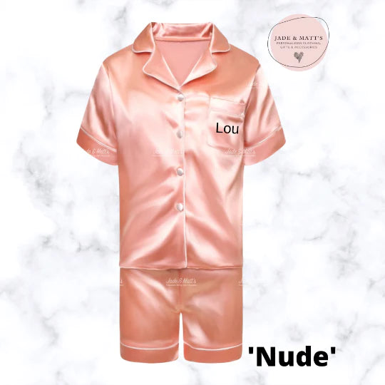 Children's Nude Satin Pyjamas | Personalised Pjs | Front & Back personalisation