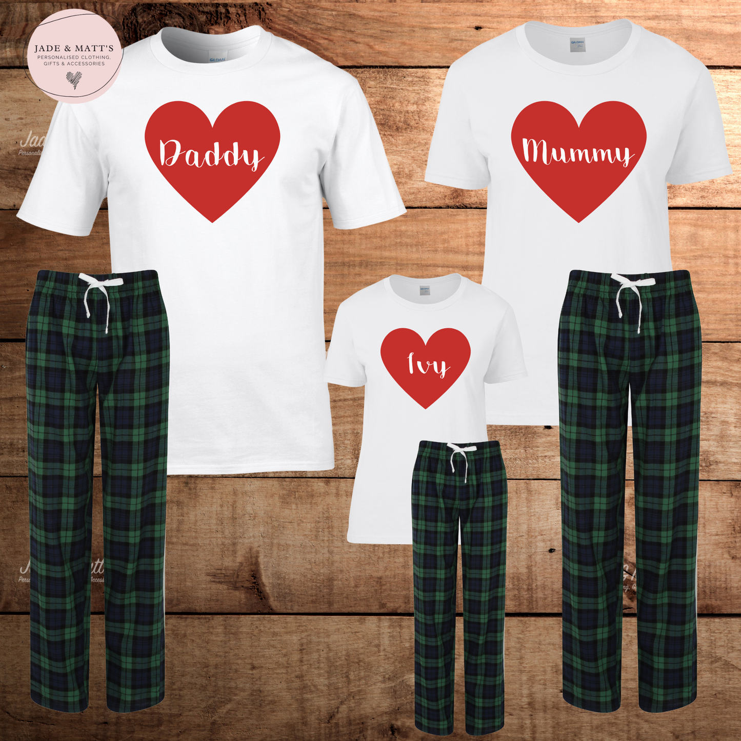 Valentine's Day | Love Heart/Green tartan  | Matching Family Pjs | Personalised