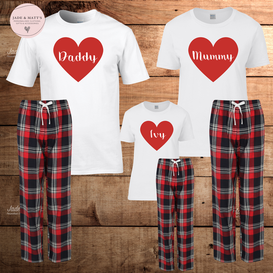 Valentine's Day | Love Heart/Red tartan  | Matching Family Pjs | Personalised