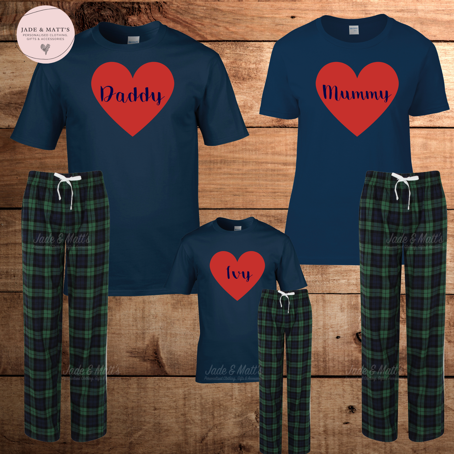 Valentine's Day | Love Heart/Green tartan  | Matching Family Pjs | Personalised