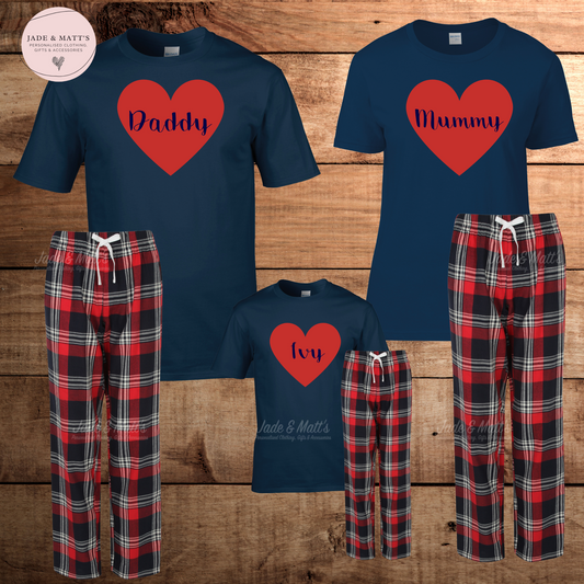 Valentine's Day | Love Heart/Red tartan  | Matching Family Pjs | Personalised