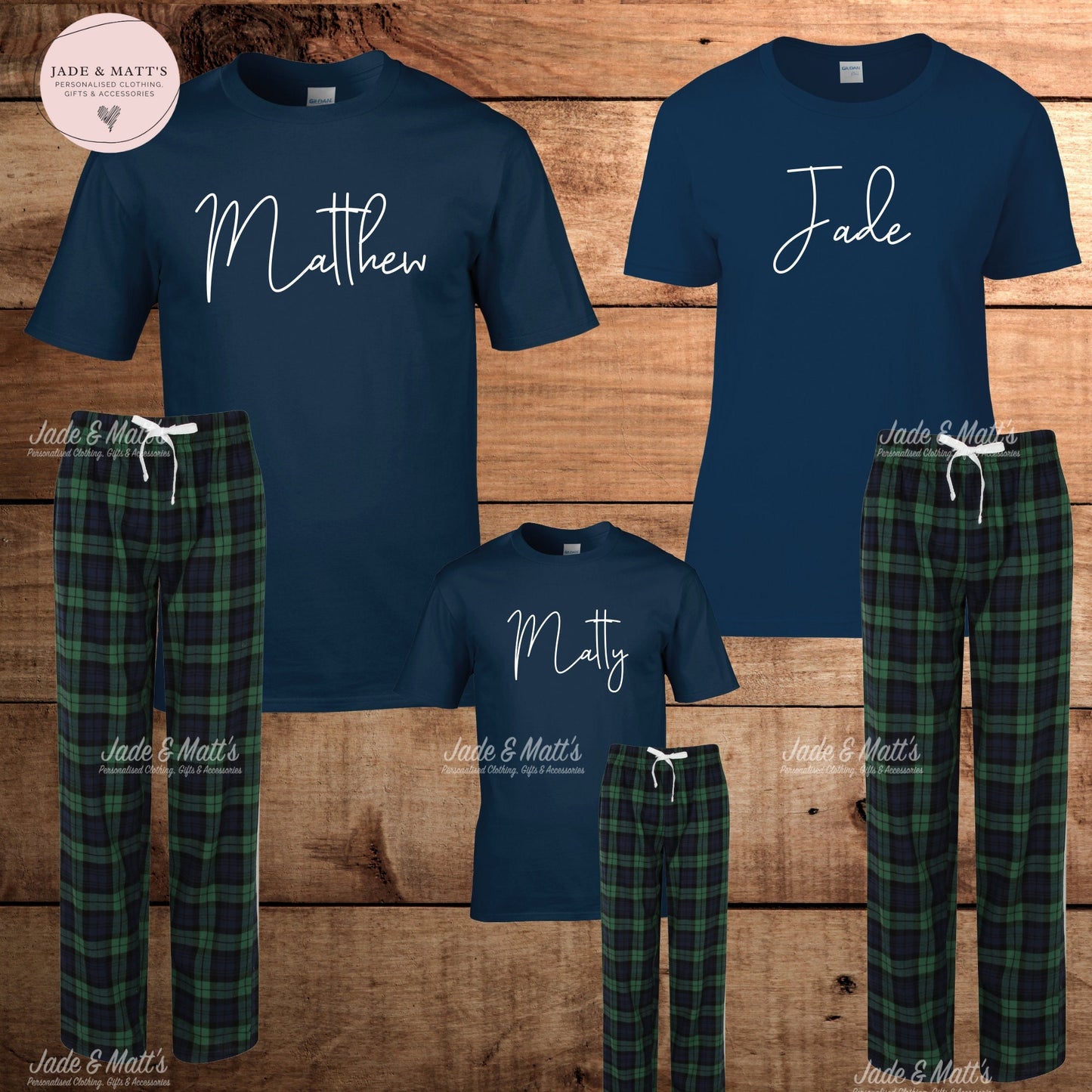 Family Personalised Pjs | Personalized Pyjamas | Navy/Green Tartan